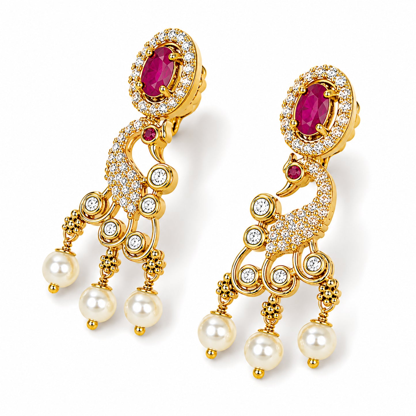 Antique Gold Plated Traditional Long Black Beads CZ, Crystal & Pearl Studded Maroon Stone Mangalsutra Tanmaniya Pendant Necklace Set with Matching Earrings for Women (SJN_363_M)
