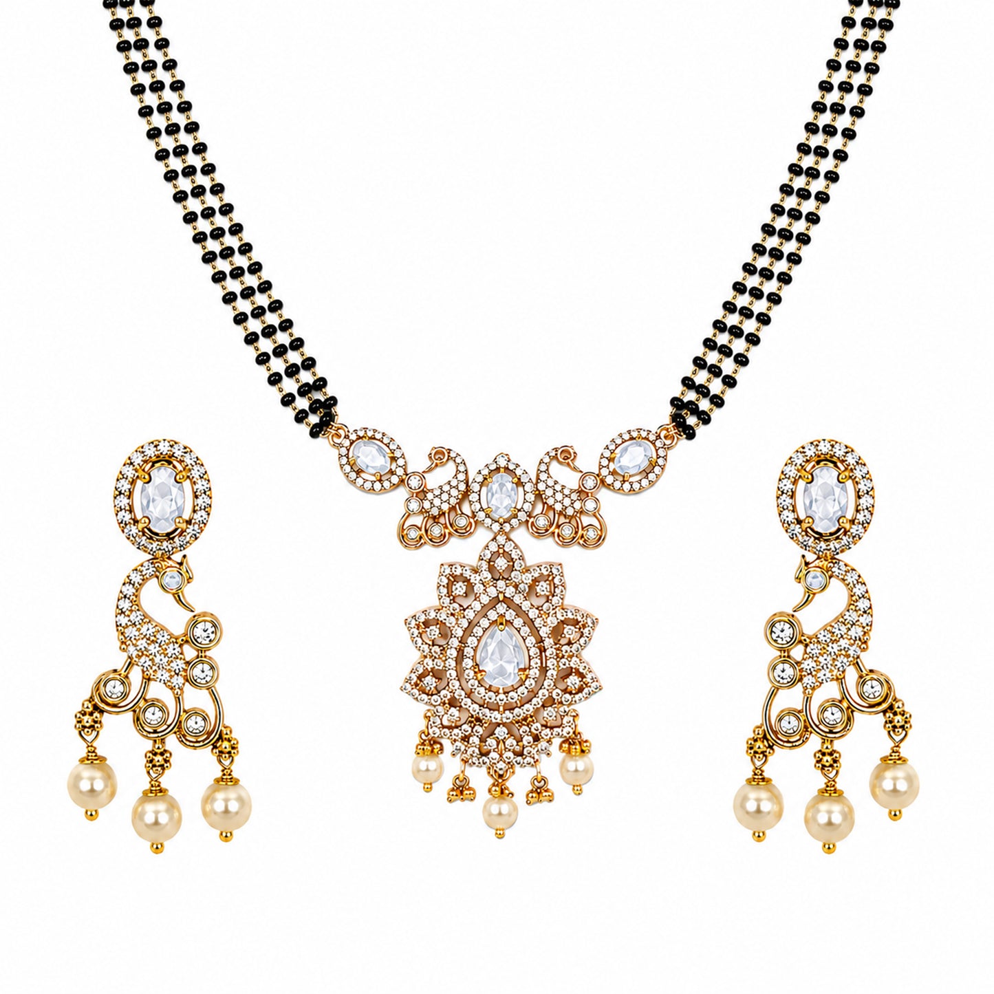Antique Gold Plated Traditional Long Black Beads CZ, Crystal & Pearl Studded White Stone Mangalsutra Tanmaniya Pendant Necklace Set with Matching Earrings for Women (SJN_363_W)