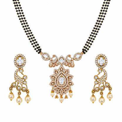 Antique Gold Plated Traditional Long Black Beads CZ, Crystal & Pearl Studded White Stone Mangalsutra Tanmaniya Pendant Necklace Set with Matching Earrings for Women (SJN_363_W)