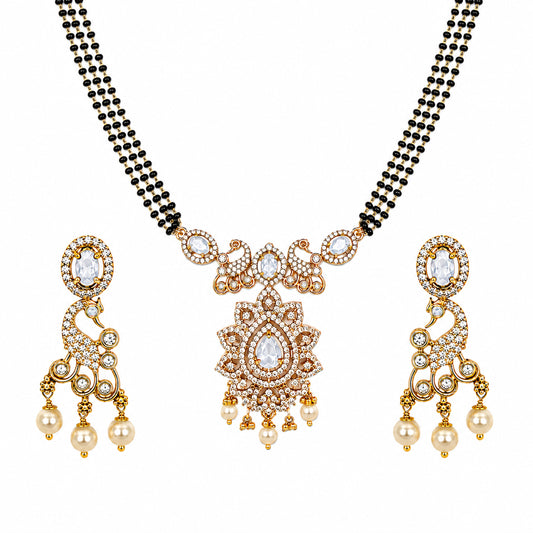Antique Gold Plated Traditional Long Black Beads CZ, Crystal & Pearl Studded White Stone Mangalsutra Tanmaniya Pendant Necklace Set with Matching Earrings for Women (SJN_363_W)