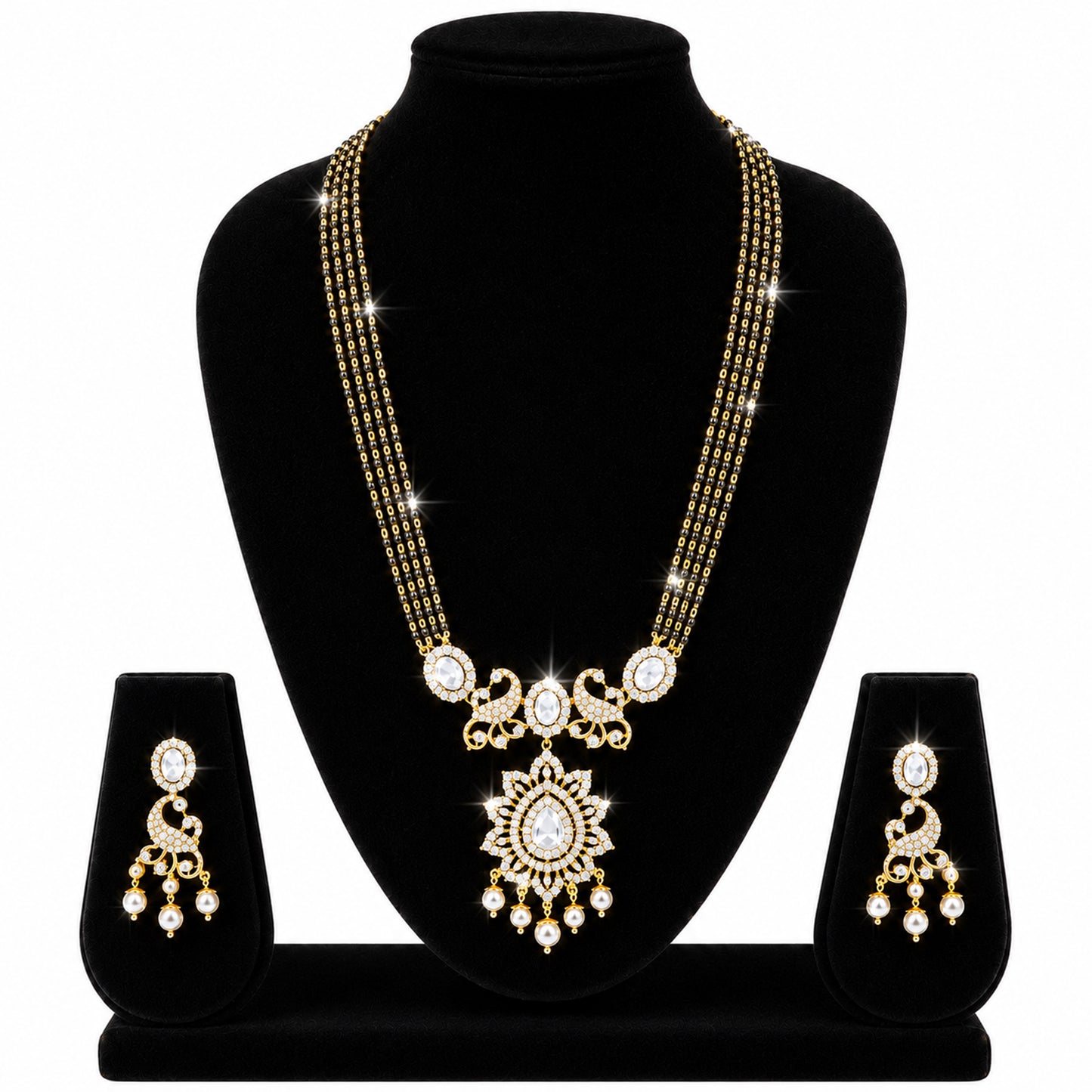 Antique Gold Plated Traditional Long Black Beads CZ, Crystal & Pearl Studded White Stone Mangalsutra Tanmaniya Pendant Necklace Set with Matching Earrings for Women (SJN_363_W)