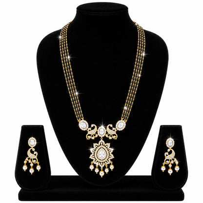 Antique Gold Plated Traditional Long Black Beads CZ, Crystal & Pearl Studded White Stone Mangalsutra Tanmaniya Pendant Necklace Set with Matching Earrings for Women (SJN_363_W)