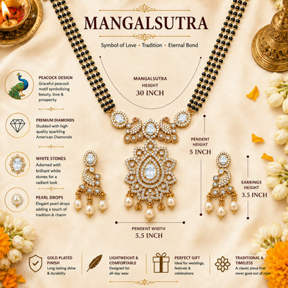 Antique Gold Plated Traditional Long Black Beads CZ, Crystal & Pearl Studded White Stone Mangalsutra Tanmaniya Pendant Necklace Set with Matching Earrings for Women (SJN_363_W)