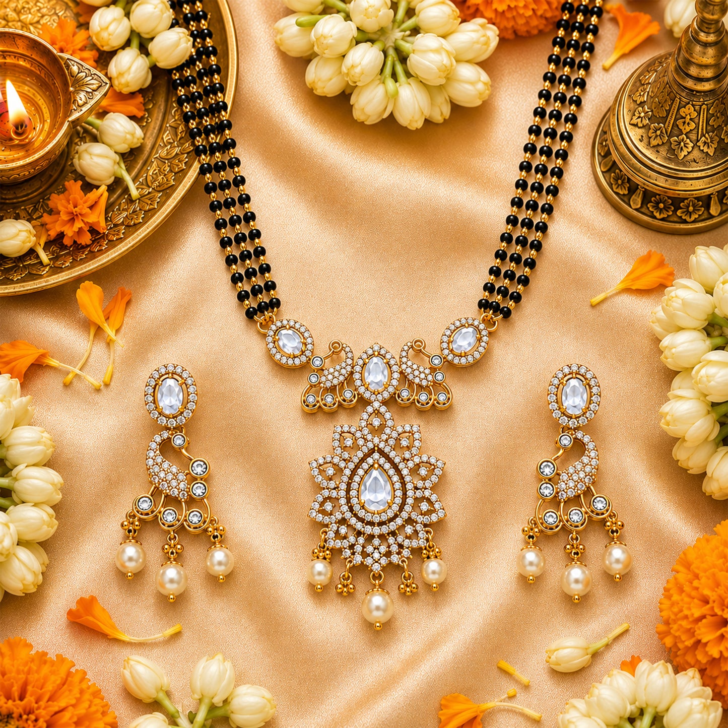 Antique Gold Plated Traditional Long Black Beads CZ, Crystal & Pearl Studded White Stone Mangalsutra Tanmaniya Pendant Necklace Set with Matching Earrings for Women (SJN_363_W)