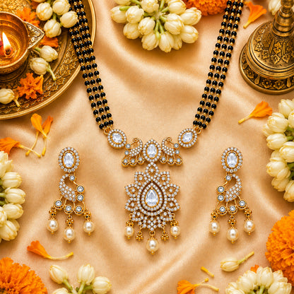 Antique Gold Plated Traditional Long Black Beads CZ, Crystal & Pearl Studded White Stone Mangalsutra Tanmaniya Pendant Necklace Set with Matching Earrings for Women (SJN_363_W)
