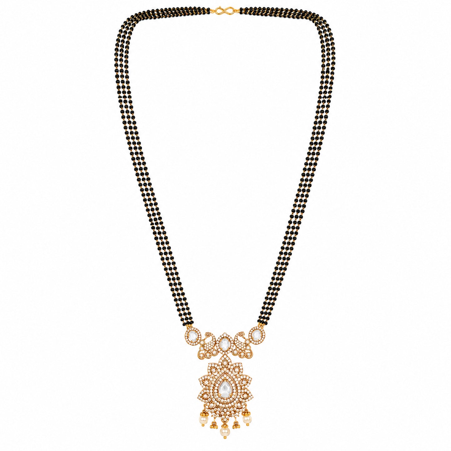 Antique Gold Plated Traditional Long Black Beads CZ, Crystal & Pearl Studded White Stone Mangalsutra Tanmaniya Pendant Necklace Set with Matching Earrings for Women (SJN_363_W)
