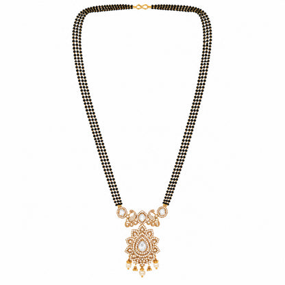 Antique Gold Plated Traditional Long Black Beads CZ, Crystal & Pearl Studded White Stone Mangalsutra Tanmaniya Pendant Necklace Set with Matching Earrings for Women (SJN_363_W)