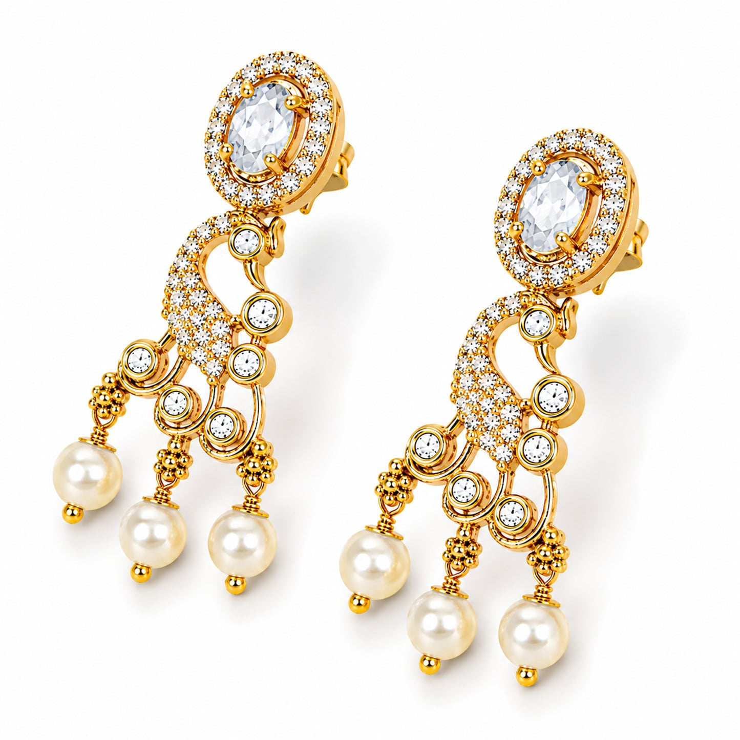 Antique Gold Plated Traditional Long Black Beads CZ, Crystal & Pearl Studded White Stone Mangalsutra Tanmaniya Pendant Necklace Set with Matching Earrings for Women (SJN_363_W)