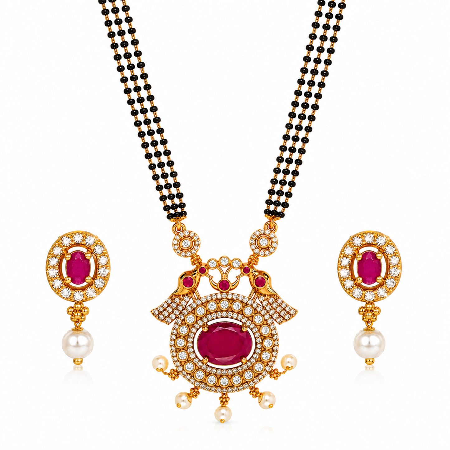 Antique Gold Plated Traditional Long Black Beads CZ, Crystal & Pearl Studded Maroon Stone Mangalsutra Tanmaniya Pendant Necklace Set with Matching Earrings for Women (SJN_364_M)