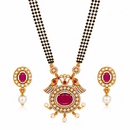 Antique Gold Plated Traditional Long Black Beads CZ, Crystal & Pearl Studded Maroon Stone Mangalsutra Tanmaniya Pendant Necklace Set with Matching Earrings for Women (SJN_364_M)