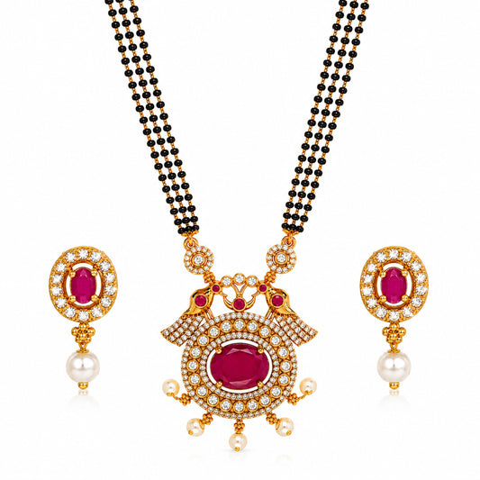 Antique Gold Plated Traditional Long Black Beads CZ, Crystal & Pearl Studded Maroon Stone Mangalsutra Tanmaniya Pendant Necklace Set with Matching Earrings for Women (SJN_364_M)