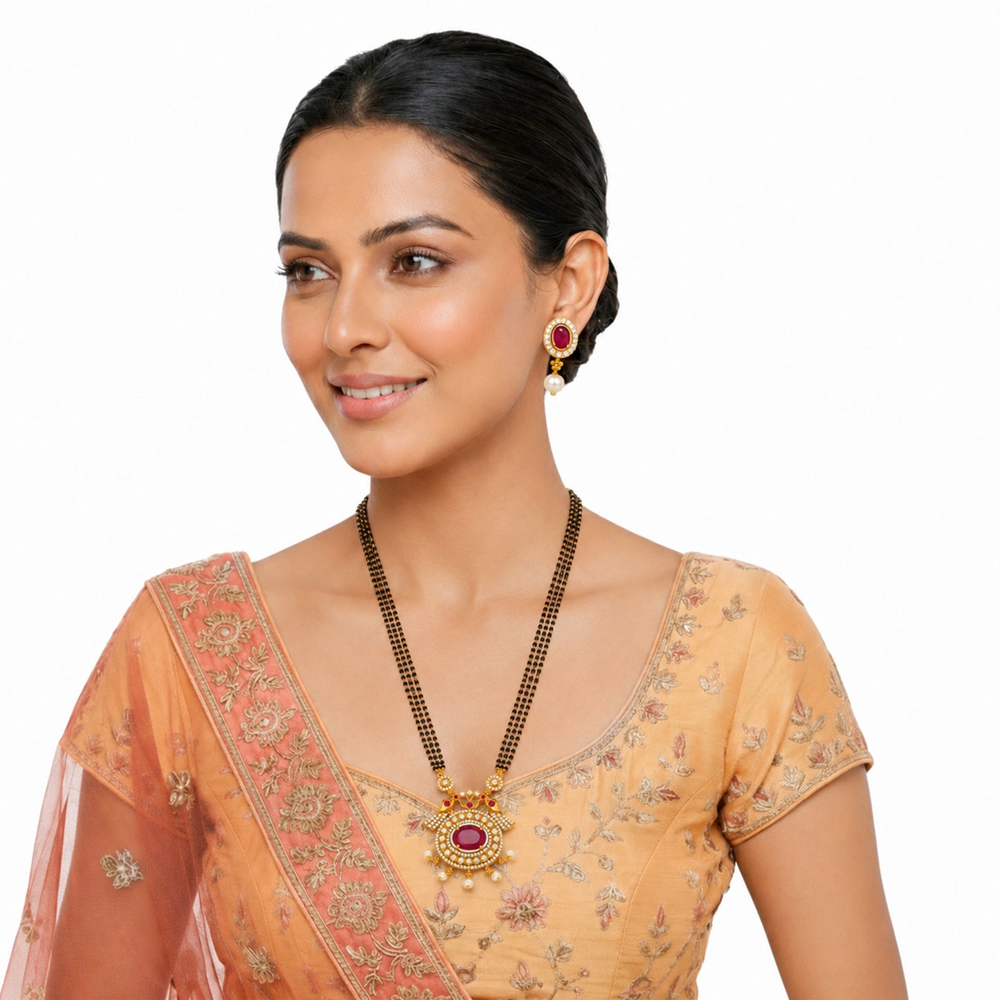 Antique Gold Plated Traditional Long Black Beads CZ, Crystal & Pearl Studded Maroon Stone Mangalsutra Tanmaniya Pendant Necklace Set with Matching Earrings for Women (SJN_364_M)