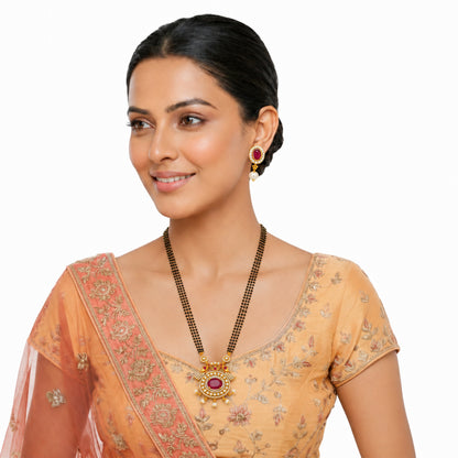 Antique Gold Plated Traditional Long Black Beads CZ, Crystal & Pearl Studded Maroon Stone Mangalsutra Tanmaniya Pendant Necklace Set with Matching Earrings for Women (SJN_364_M)