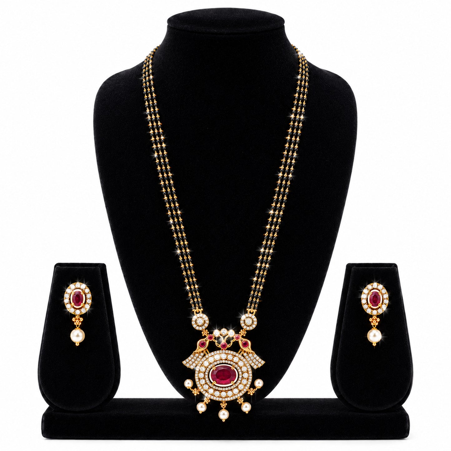 Antique Gold Plated Traditional Long Black Beads CZ, Crystal & Pearl Studded Maroon Stone Mangalsutra Tanmaniya Pendant Necklace Set with Matching Earrings for Women (SJN_364_M)