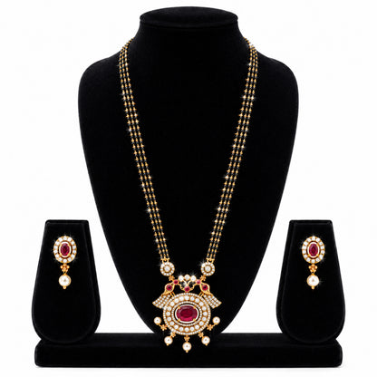 Antique Gold Plated Traditional Long Black Beads CZ, Crystal & Pearl Studded Maroon Stone Mangalsutra Tanmaniya Pendant Necklace Set with Matching Earrings for Women (SJN_364_M)