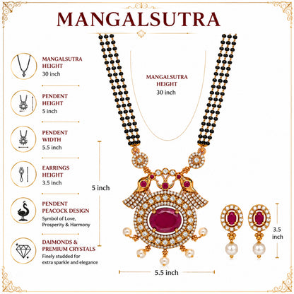 Antique Gold Plated Traditional Long Black Beads CZ, Crystal & Pearl Studded Maroon Stone Mangalsutra Tanmaniya Pendant Necklace Set with Matching Earrings for Women (SJN_364_M)