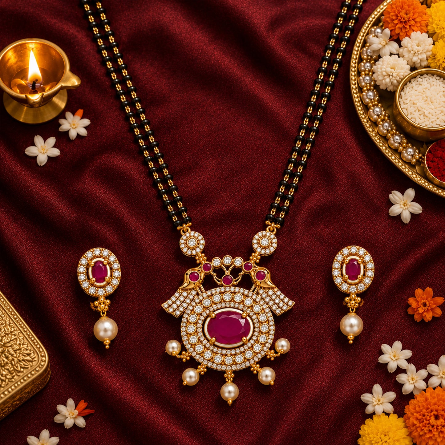 Antique Gold Plated Traditional Long Black Beads CZ, Crystal & Pearl Studded Maroon Stone Mangalsutra Tanmaniya Pendant Necklace Set with Matching Earrings for Women (SJN_364_M)