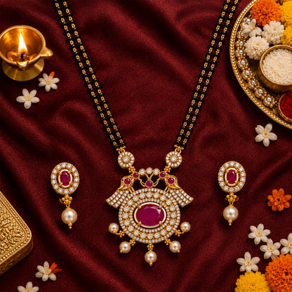 Antique Gold Plated Traditional Long Black Beads CZ, Crystal & Pearl Studded Maroon Stone Mangalsutra Tanmaniya Pendant Necklace Set with Matching Earrings for Women (SJN_364_M)