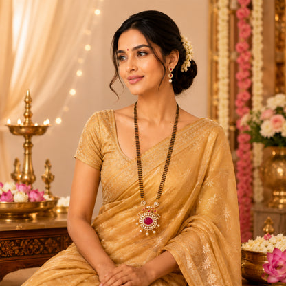 Antique Gold Plated Traditional Long Black Beads CZ, Crystal & Pearl Studded Maroon Stone Mangalsutra Tanmaniya Pendant Necklace Set with Matching Earrings for Women (SJN_364_M)