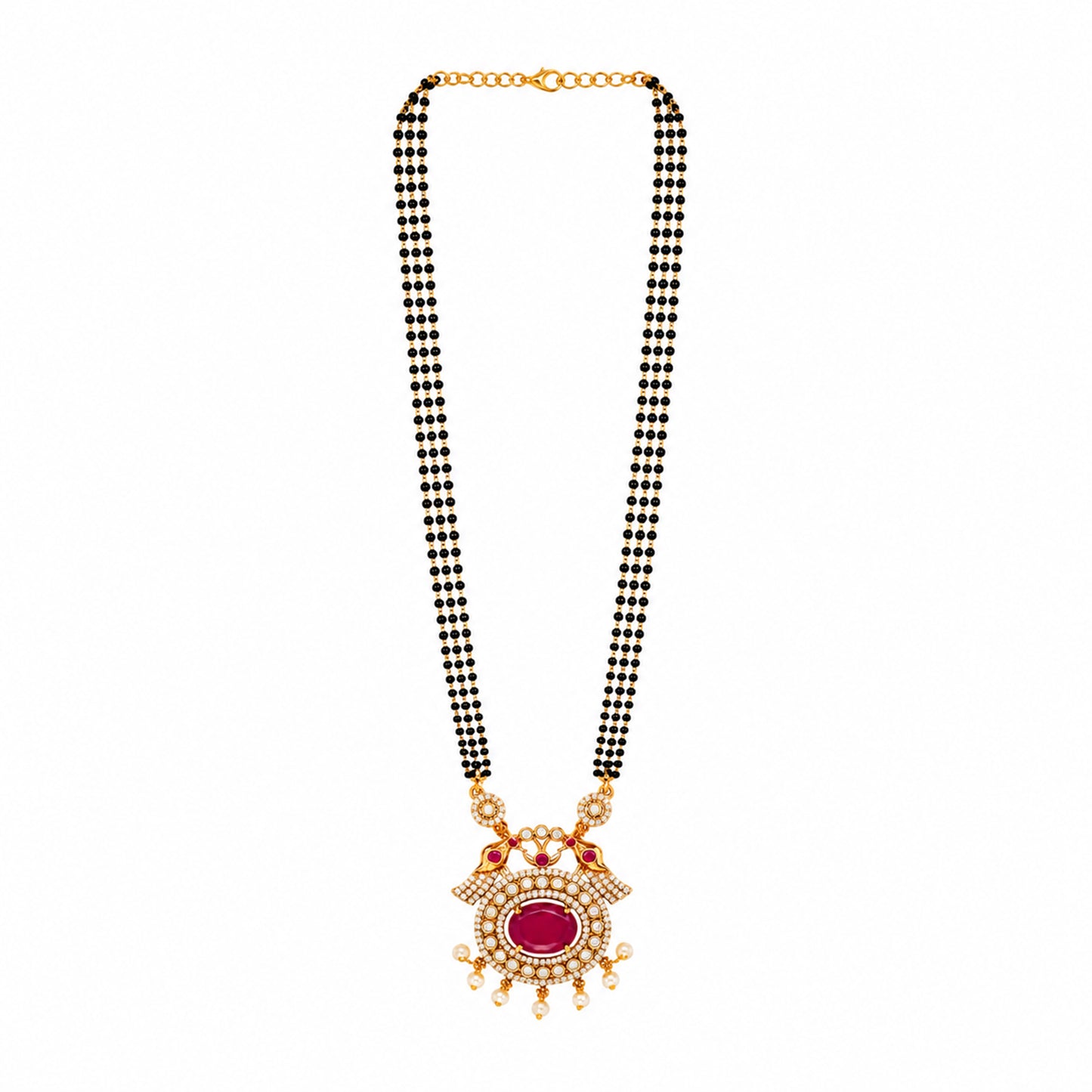 Antique Gold Plated Traditional Long Black Beads CZ, Crystal & Pearl Studded Maroon Stone Mangalsutra Tanmaniya Pendant Necklace Set with Matching Earrings for Women (SJN_364_M)
