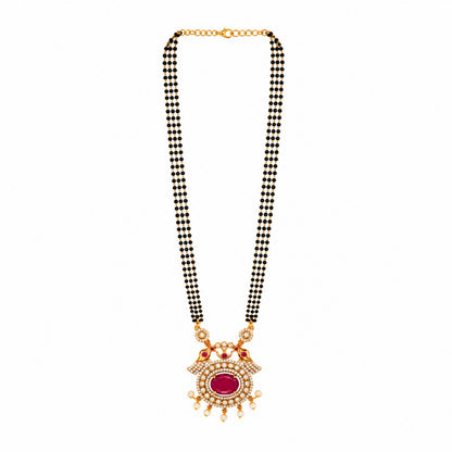 Antique Gold Plated Traditional Long Black Beads CZ, Crystal & Pearl Studded Maroon Stone Mangalsutra Tanmaniya Pendant Necklace Set with Matching Earrings for Women (SJN_364_M)
