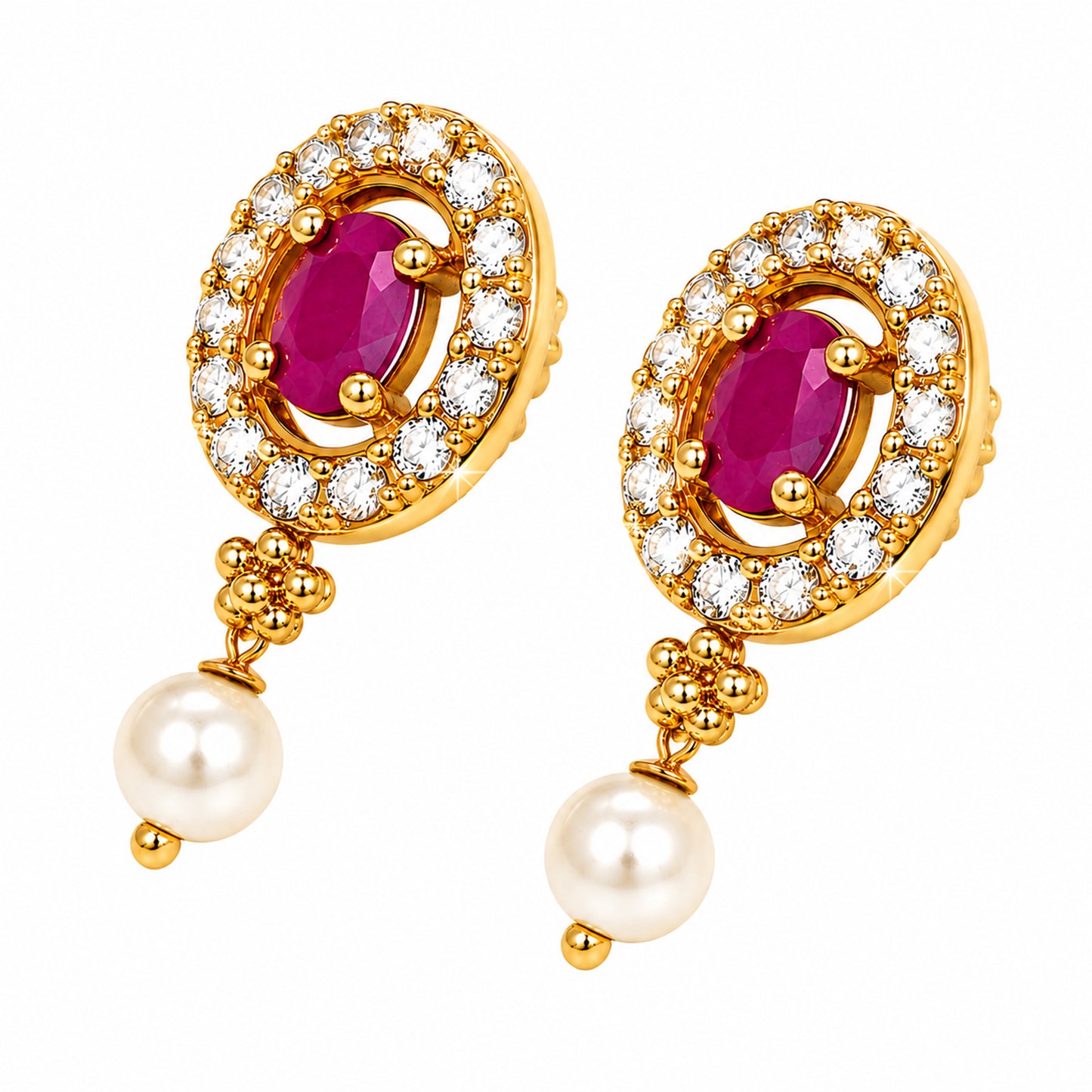 Antique Gold Plated Traditional Long Black Beads CZ, Crystal & Pearl Studded Maroon Stone Mangalsutra Tanmaniya Pendant Necklace Set with Matching Earrings for Women (SJN_364_M)