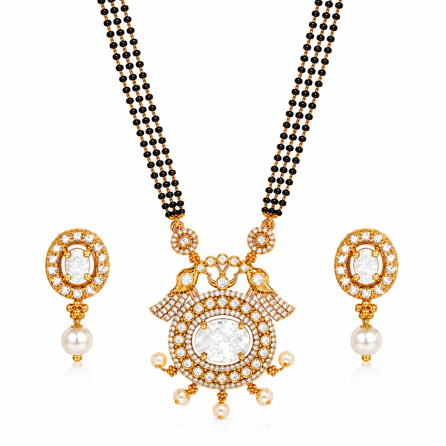 Antique Gold Plated Traditional Long Black Beads CZ, Crystal & Pearl Studded White Stone Mangalsutra Tanmaniya Pendant Necklace Set with Matching Earrings for Women (SJN_364_W)