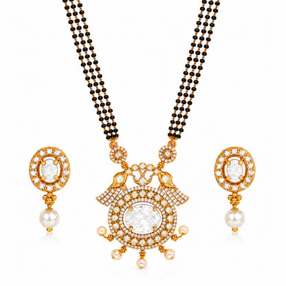 Antique Gold Plated Traditional Long Black Beads CZ, Crystal & Pearl Studded White Stone Mangalsutra Tanmaniya Pendant Necklace Set with Matching Earrings for Women (SJN_364_W)