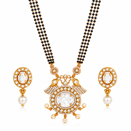Antique Gold Plated Traditional Long Black Beads CZ, Crystal & Pearl Studded White Stone Mangalsutra Tanmaniya Pendant Necklace Set with Matching Earrings for Women (SJN_364_W)