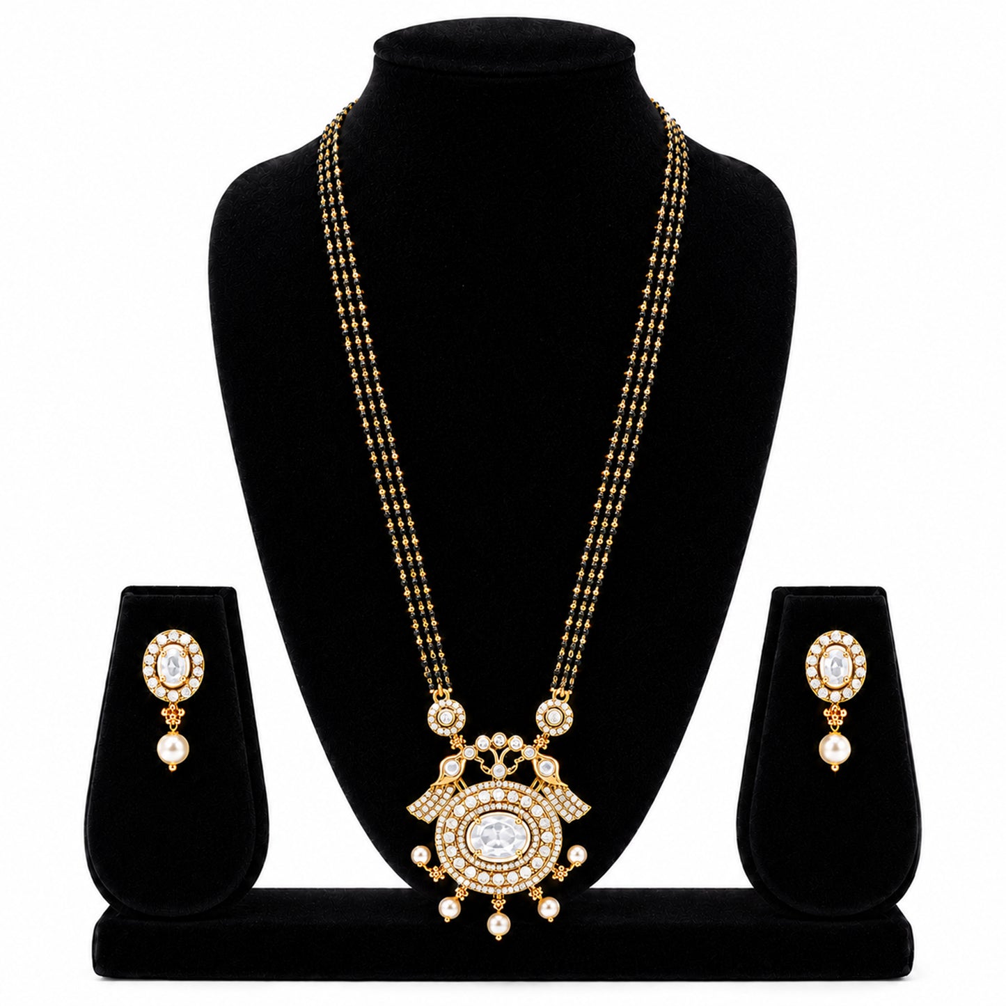 Antique Gold Plated Traditional Long Black Beads CZ, Crystal & Pearl Studded White Stone Mangalsutra Tanmaniya Pendant Necklace Set with Matching Earrings for Women (SJN_364_W)