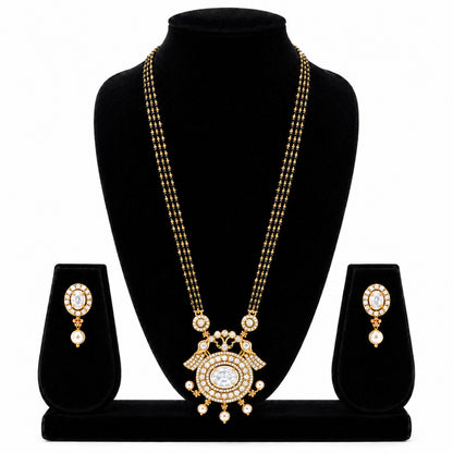 Antique Gold Plated Traditional Long Black Beads CZ, Crystal & Pearl Studded White Stone Mangalsutra Tanmaniya Pendant Necklace Set with Matching Earrings for Women (SJN_364_W)