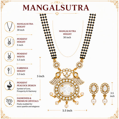 Antique Gold Plated Traditional Long Black Beads CZ, Crystal & Pearl Studded White Stone Mangalsutra Tanmaniya Pendant Necklace Set with Matching Earrings for Women (SJN_364_W)