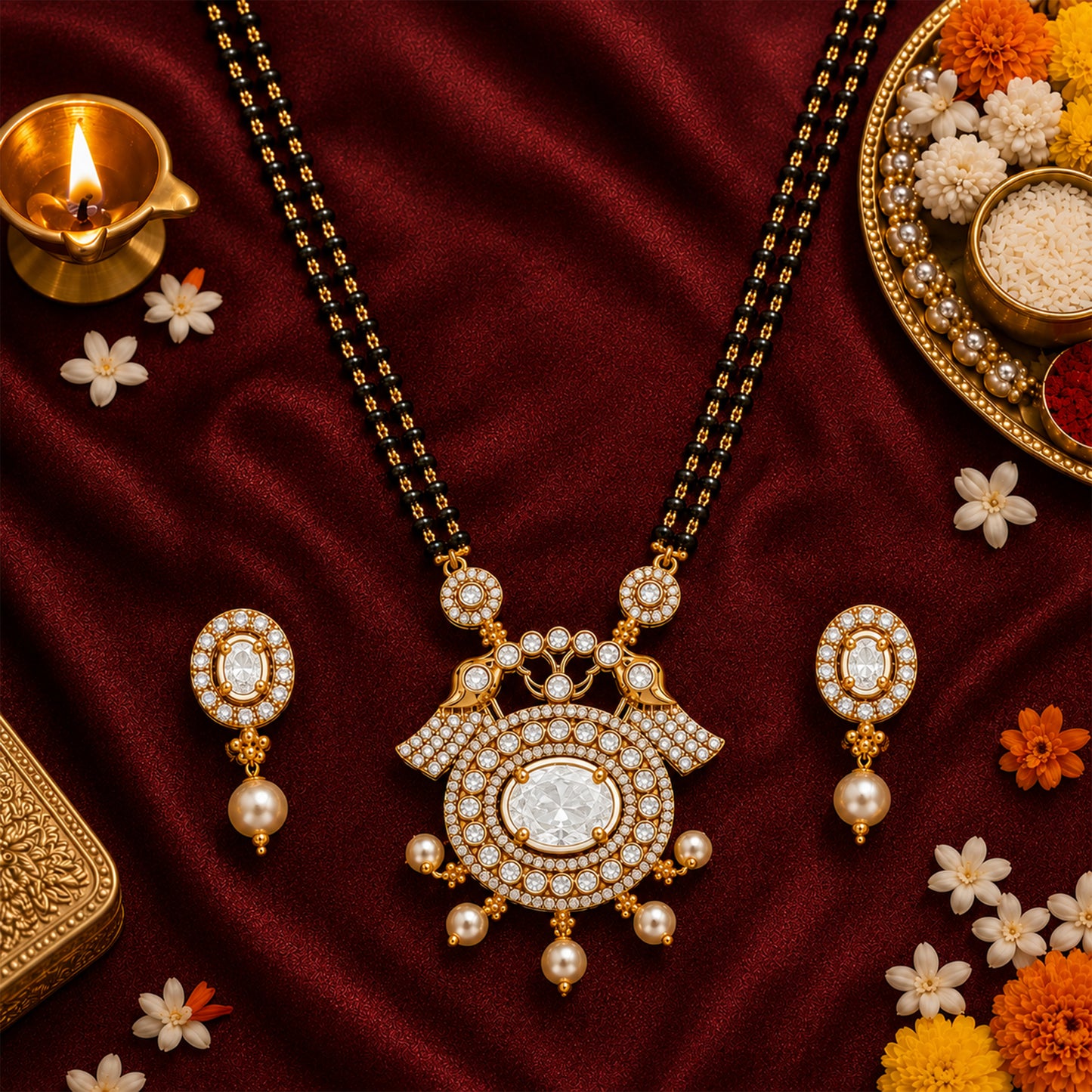 Antique Gold Plated Traditional Long Black Beads CZ, Crystal & Pearl Studded White Stone Mangalsutra Tanmaniya Pendant Necklace Set with Matching Earrings for Women (SJN_364_W)