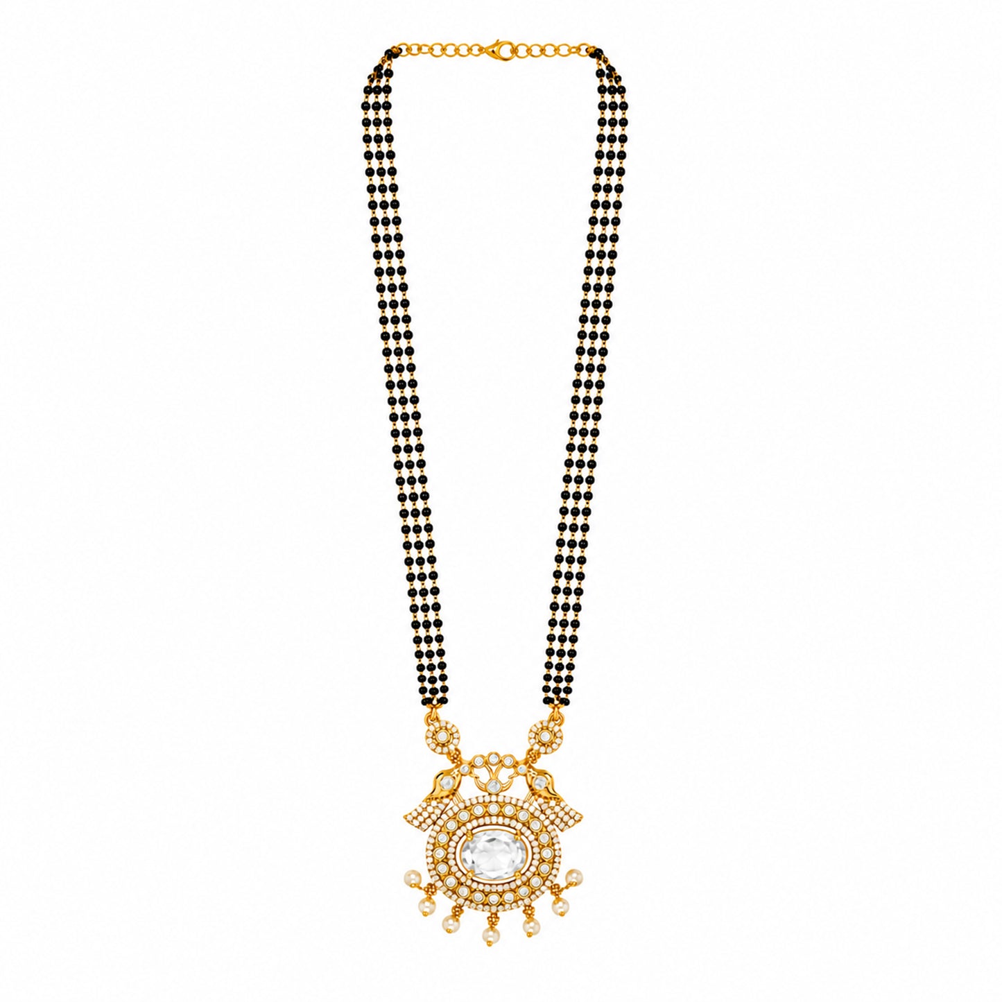 Antique Gold Plated Traditional Long Black Beads CZ, Crystal & Pearl Studded White Stone Mangalsutra Tanmaniya Pendant Necklace Set with Matching Earrings for Women (SJN_364_W)