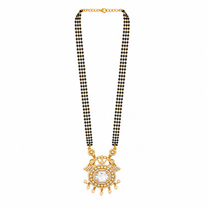 Antique Gold Plated Traditional Long Black Beads CZ, Crystal & Pearl Studded White Stone Mangalsutra Tanmaniya Pendant Necklace Set with Matching Earrings for Women (SJN_364_W)