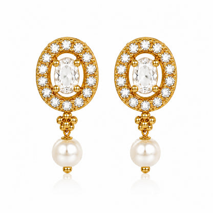 Antique Gold Plated Traditional Long Black Beads CZ, Crystal & Pearl Studded White Stone Mangalsutra Tanmaniya Pendant Necklace Set with Matching Earrings for Women (SJN_364_W)