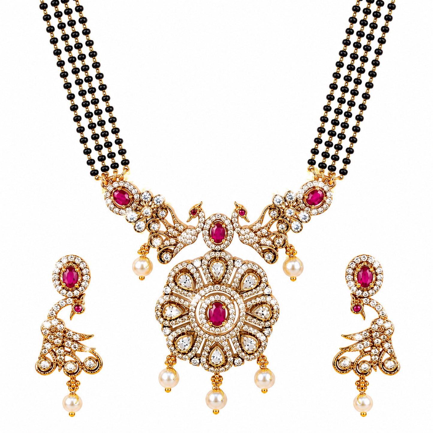 Antique Gold Plated Traditional Long Black Beads CZ, Crystal & Pearl Studded Maroon Stone Mangalsutra Tanmaniya Pendant Necklace Set with Matching Earrings for Women (SJN_365_M)
