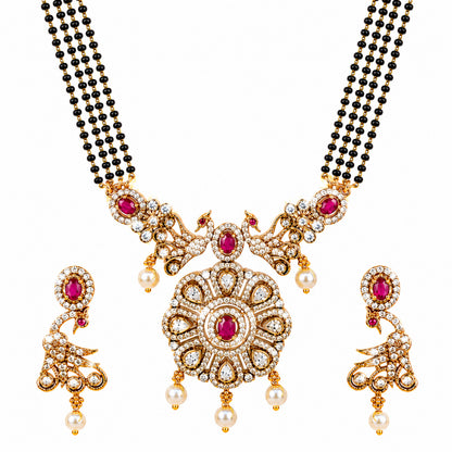 Antique Gold Plated Traditional Long Black Beads CZ, Crystal & Pearl Studded Maroon Stone Mangalsutra Tanmaniya Pendant Necklace Set with Matching Earrings for Women (SJN_365_M)