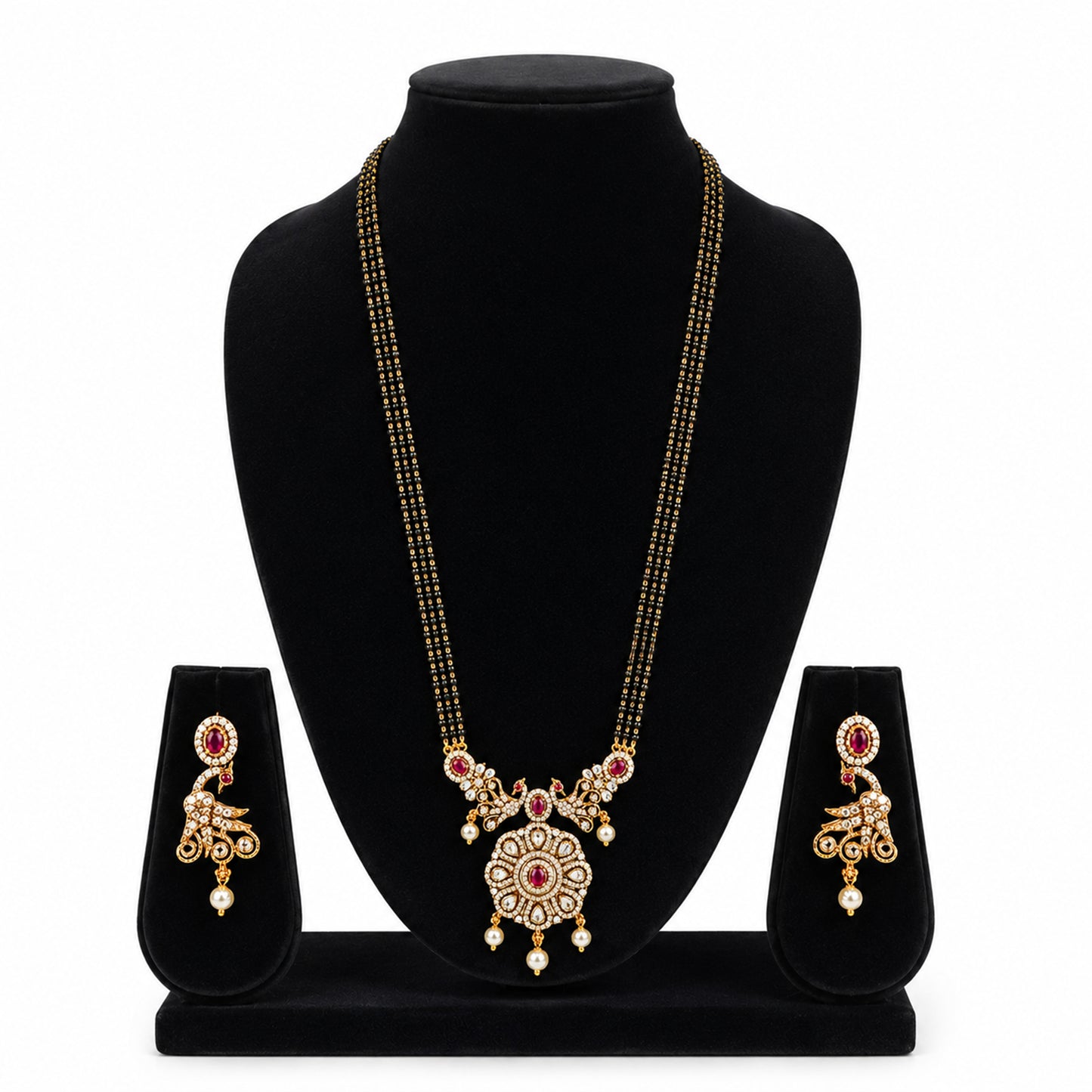 Antique Gold Plated Traditional Long Black Beads CZ, Crystal & Pearl Studded Maroon Stone Mangalsutra Tanmaniya Pendant Necklace Set with Matching Earrings for Women (SJN_365_M)