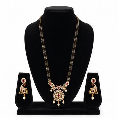 Antique Gold Plated Traditional Long Black Beads CZ, Crystal & Pearl Studded Maroon Stone Mangalsutra Tanmaniya Pendant Necklace Set with Matching Earrings for Women (SJN_365_M)