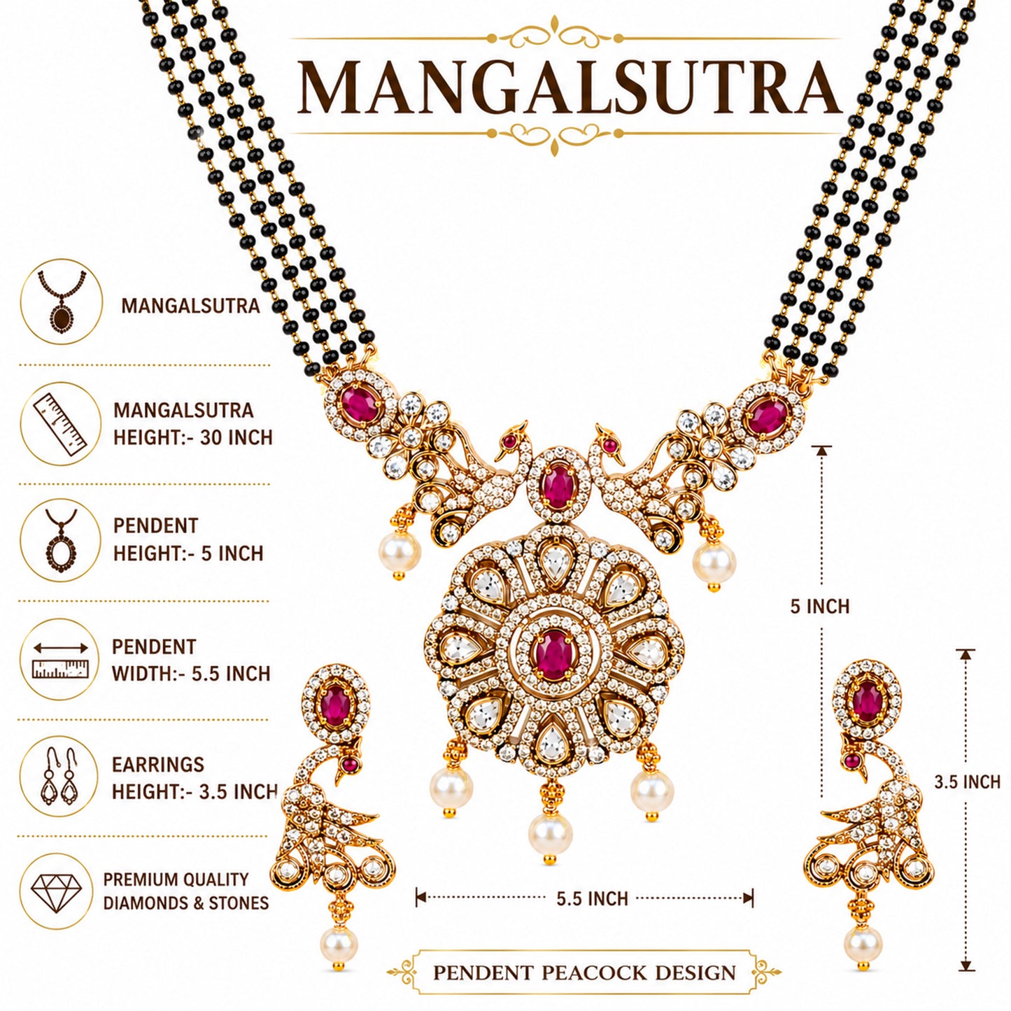 Antique Gold Plated Traditional Long Black Beads CZ, Crystal & Pearl Studded Maroon Stone Mangalsutra Tanmaniya Pendant Necklace Set with Matching Earrings for Women (SJN_365_M)