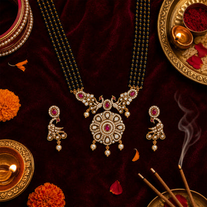 Antique Gold Plated Traditional Long Black Beads CZ, Crystal & Pearl Studded Maroon Stone Mangalsutra Tanmaniya Pendant Necklace Set with Matching Earrings for Women (SJN_365_M)