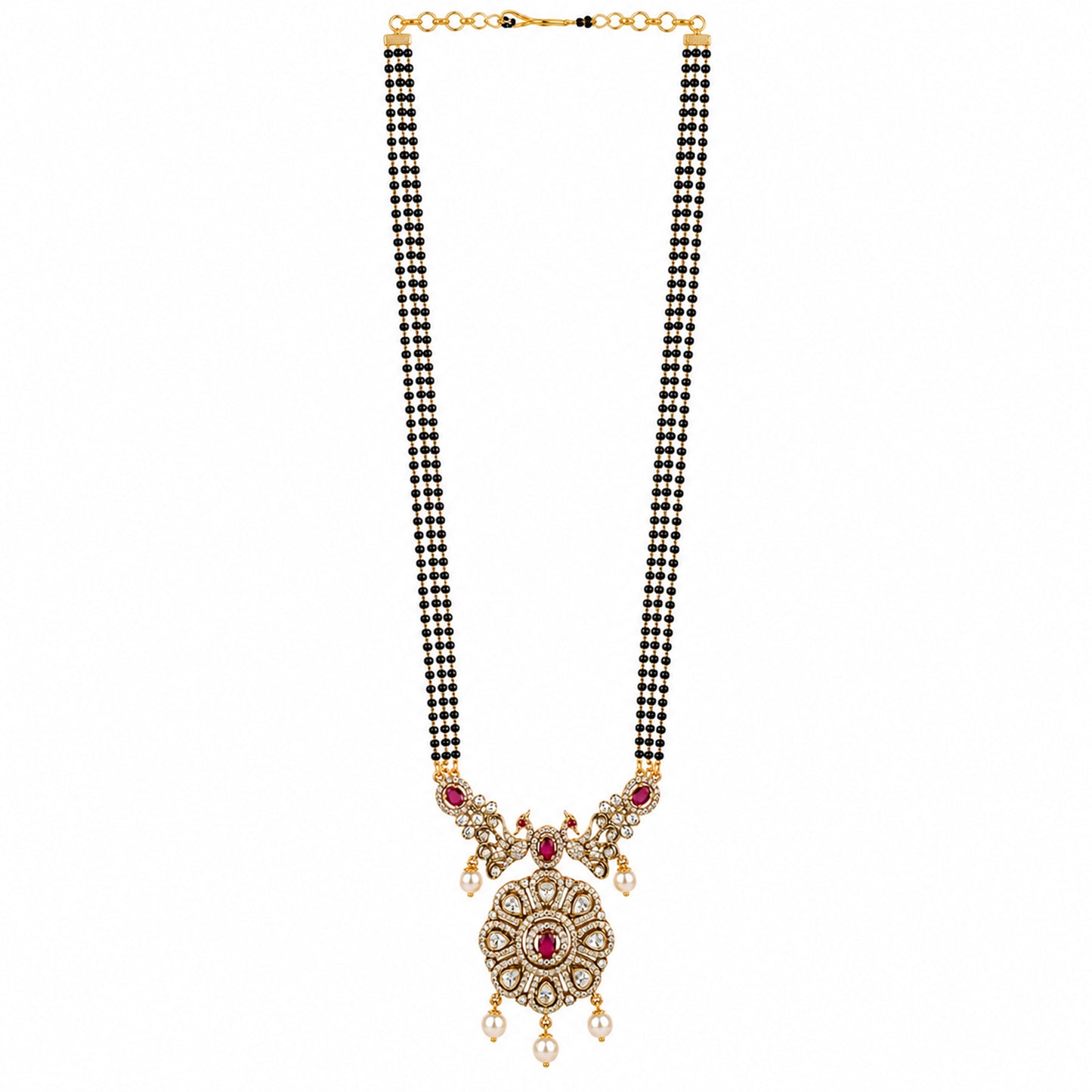Antique Gold Plated Traditional Long Black Beads CZ, Crystal & Pearl Studded Maroon Stone Mangalsutra Tanmaniya Pendant Necklace Set with Matching Earrings for Women (SJN_365_M)