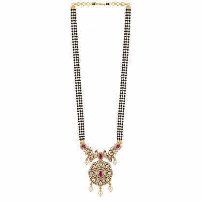Antique Gold Plated Traditional Long Black Beads CZ, Crystal & Pearl Studded Maroon Stone Mangalsutra Tanmaniya Pendant Necklace Set with Matching Earrings for Women (SJN_365_M)