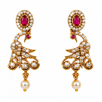 Antique Gold Plated Traditional Long Black Beads CZ, Crystal & Pearl Studded Maroon Stone Mangalsutra Tanmaniya Pendant Necklace Set with Matching Earrings for Women (SJN_365_M)