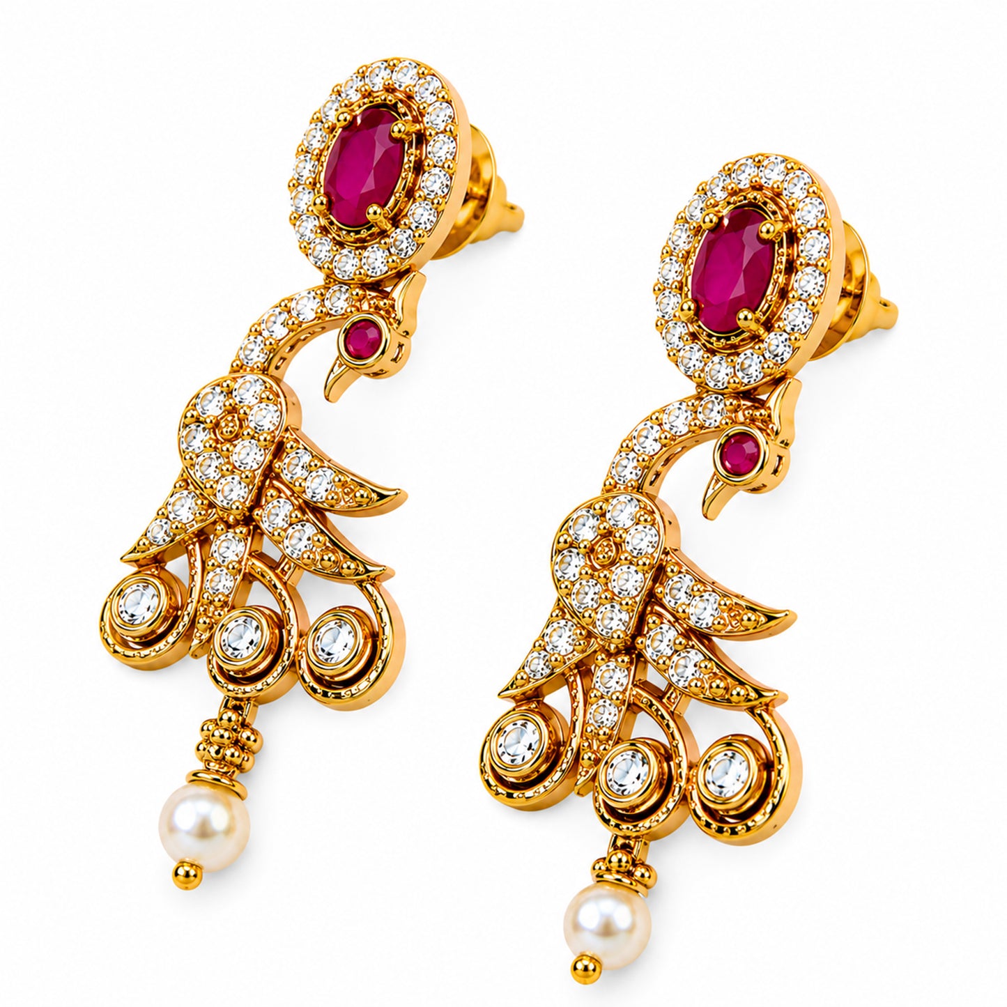Antique Gold Plated Traditional Long Black Beads CZ, Crystal & Pearl Studded Maroon Stone Mangalsutra Tanmaniya Pendant Necklace Set with Matching Earrings for Women (SJN_365_M)