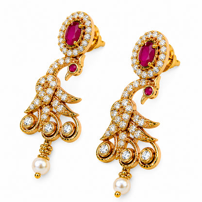 Antique Gold Plated Traditional Long Black Beads CZ, Crystal & Pearl Studded Maroon Stone Mangalsutra Tanmaniya Pendant Necklace Set with Matching Earrings for Women (SJN_365_M)
