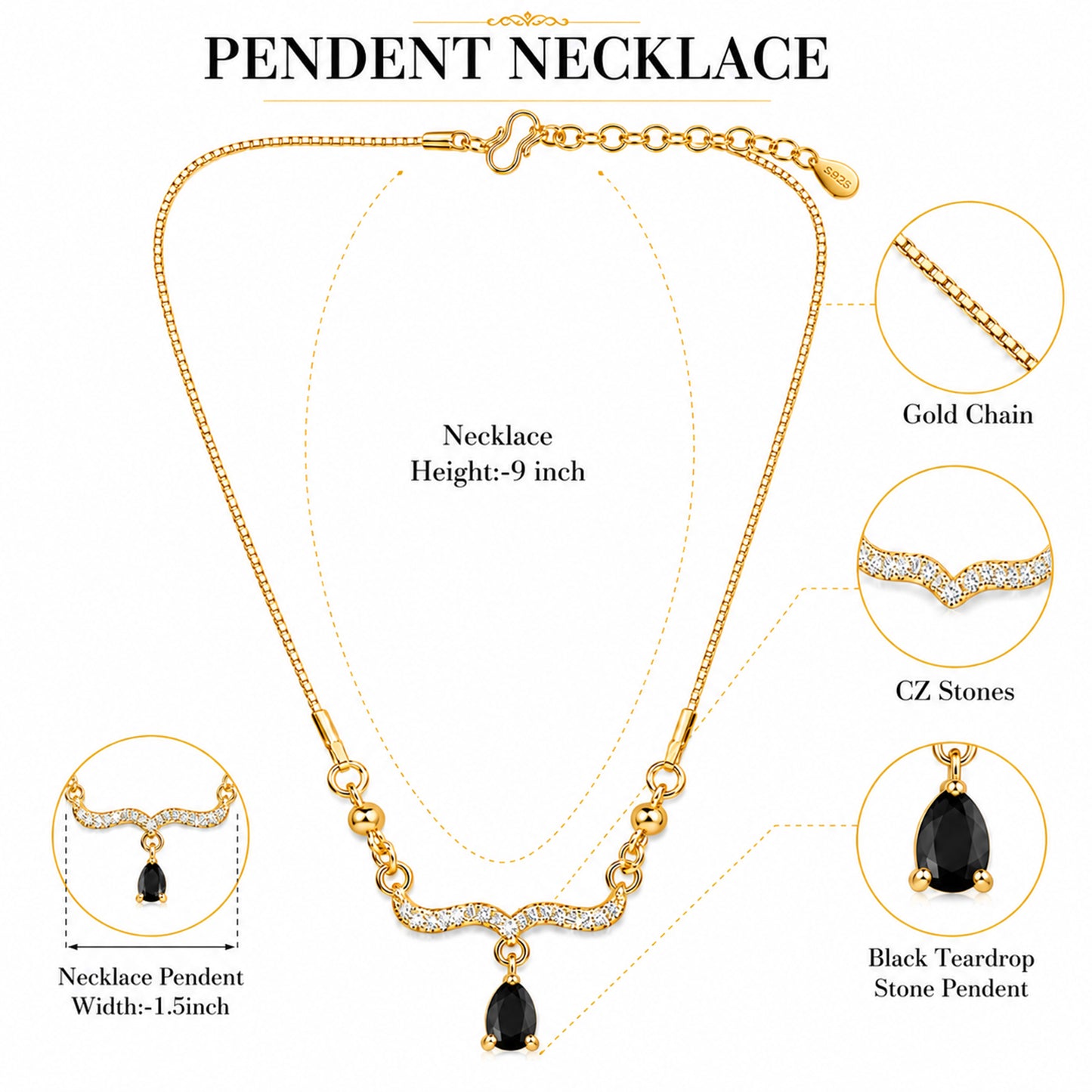 Traditional Gold Plated Pendant Chain with Black stone for Womens (SJN_366_BK)