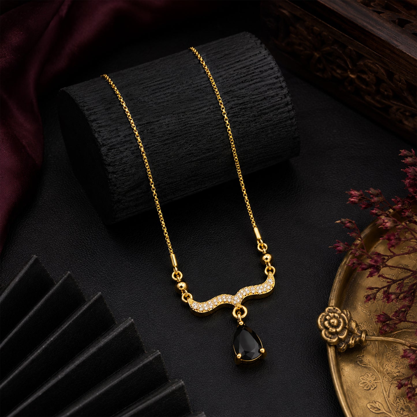 Traditional Gold Plated Pendant Chain with Black stone for Womens (SJN_366_BK)