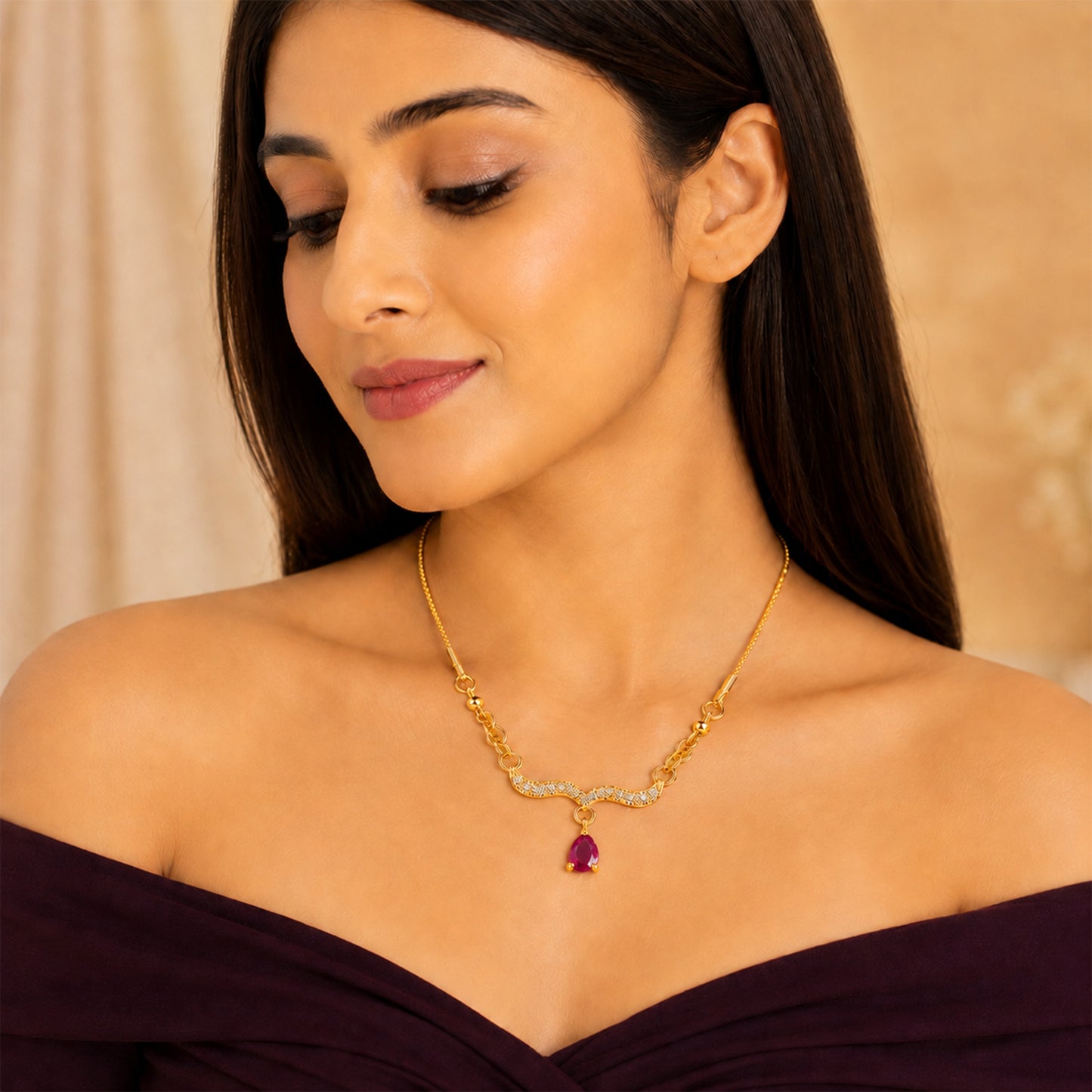 Traditional Gold Plated Pendant Chain with Maroon stone for Womens (SJN_366_M)